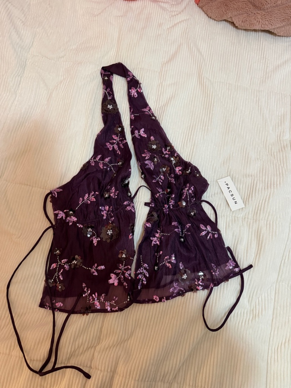 PacSun Purple Floral Embroidered Halter Crop Top